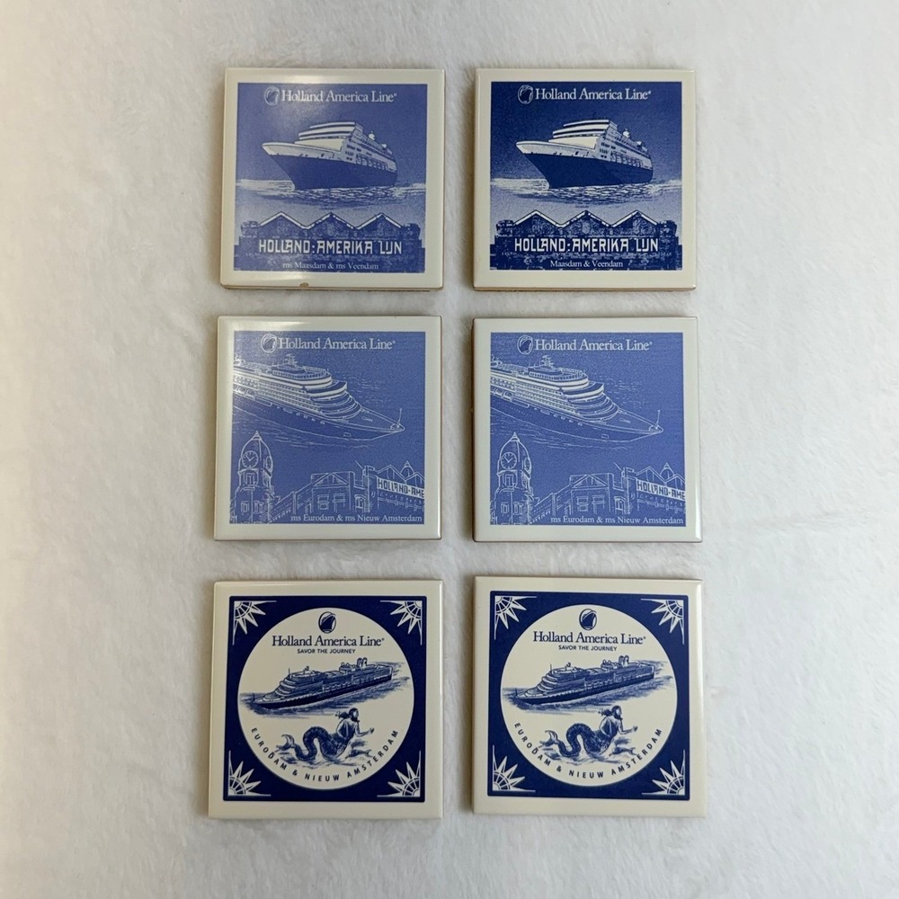 Holland America‎ Line Ceramic Coaster Set of 6 Blue White Nautical Cruise Ships